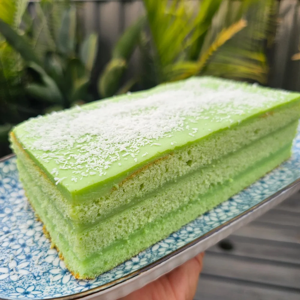 Green pandan sponge and pandan jelly layer cake by Amour Desserts in Melbourne